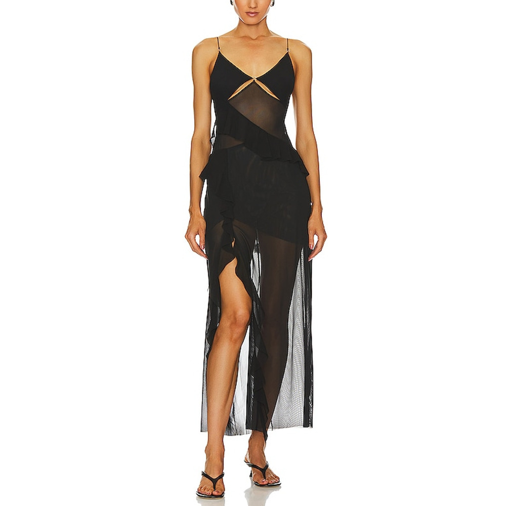 bec + bridge Black Sheer Ruffle Maxi Slip Dress